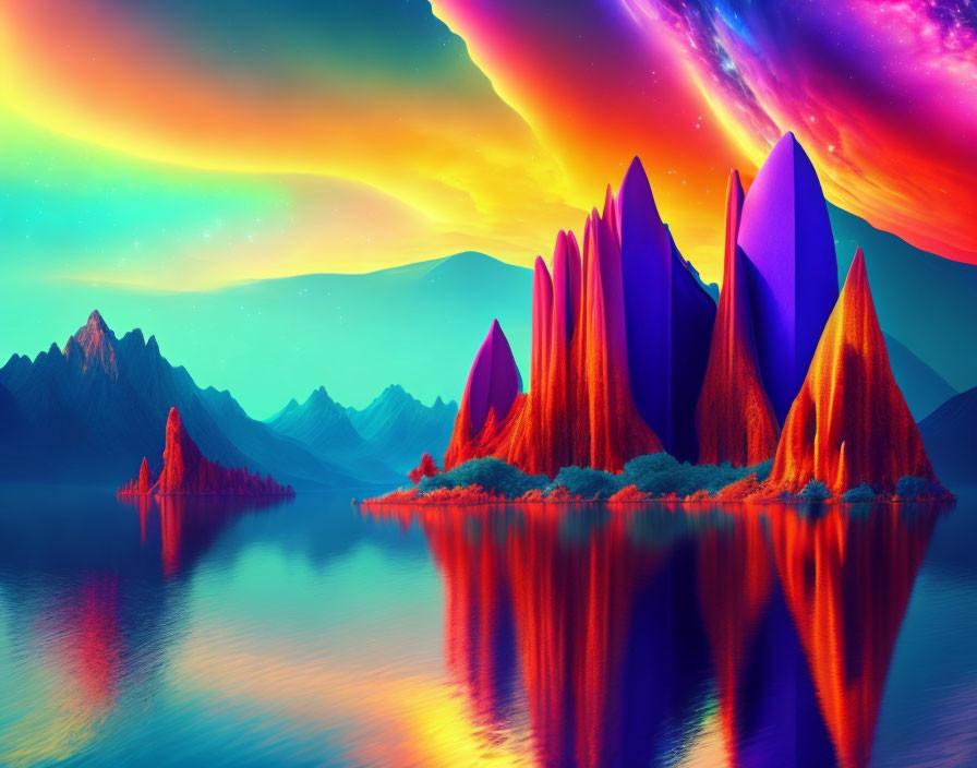 Colorful digital artwork: Stylized mountains, calm lake, multicolored sky