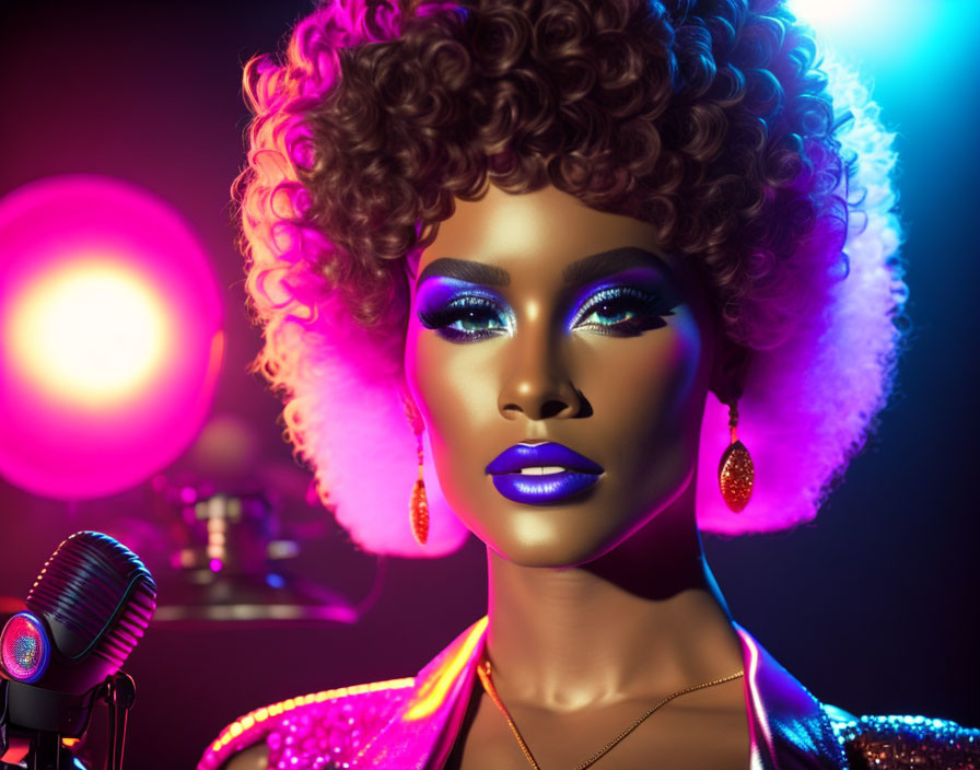 Striking afro model with blue makeup and microphone in neon-lit setting