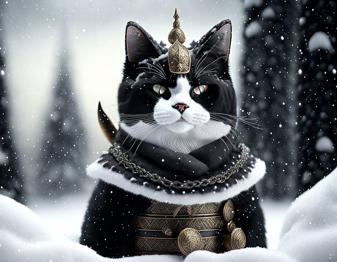 Black and White Cat in Medieval Armor and Crown in Snowy Landscape