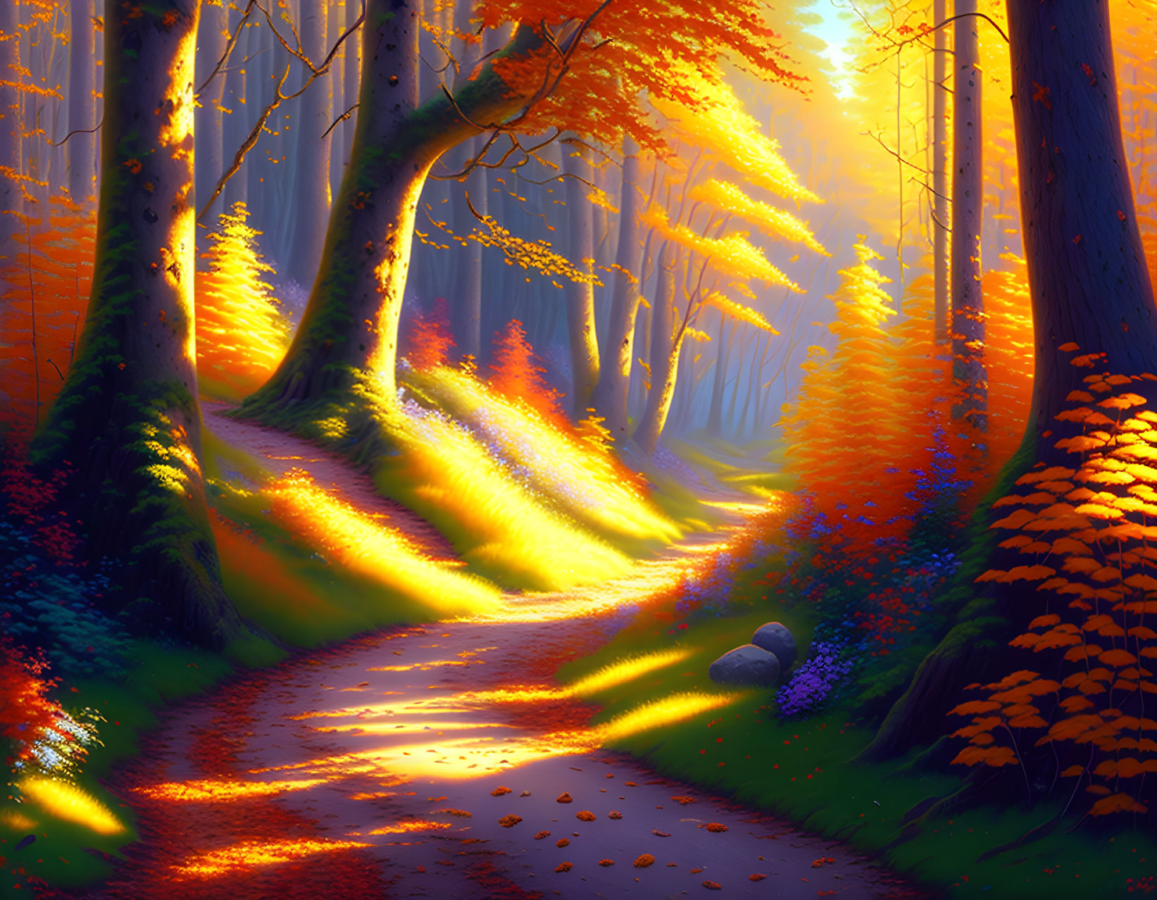 Scenic autumn forest with golden sunlight and winding path