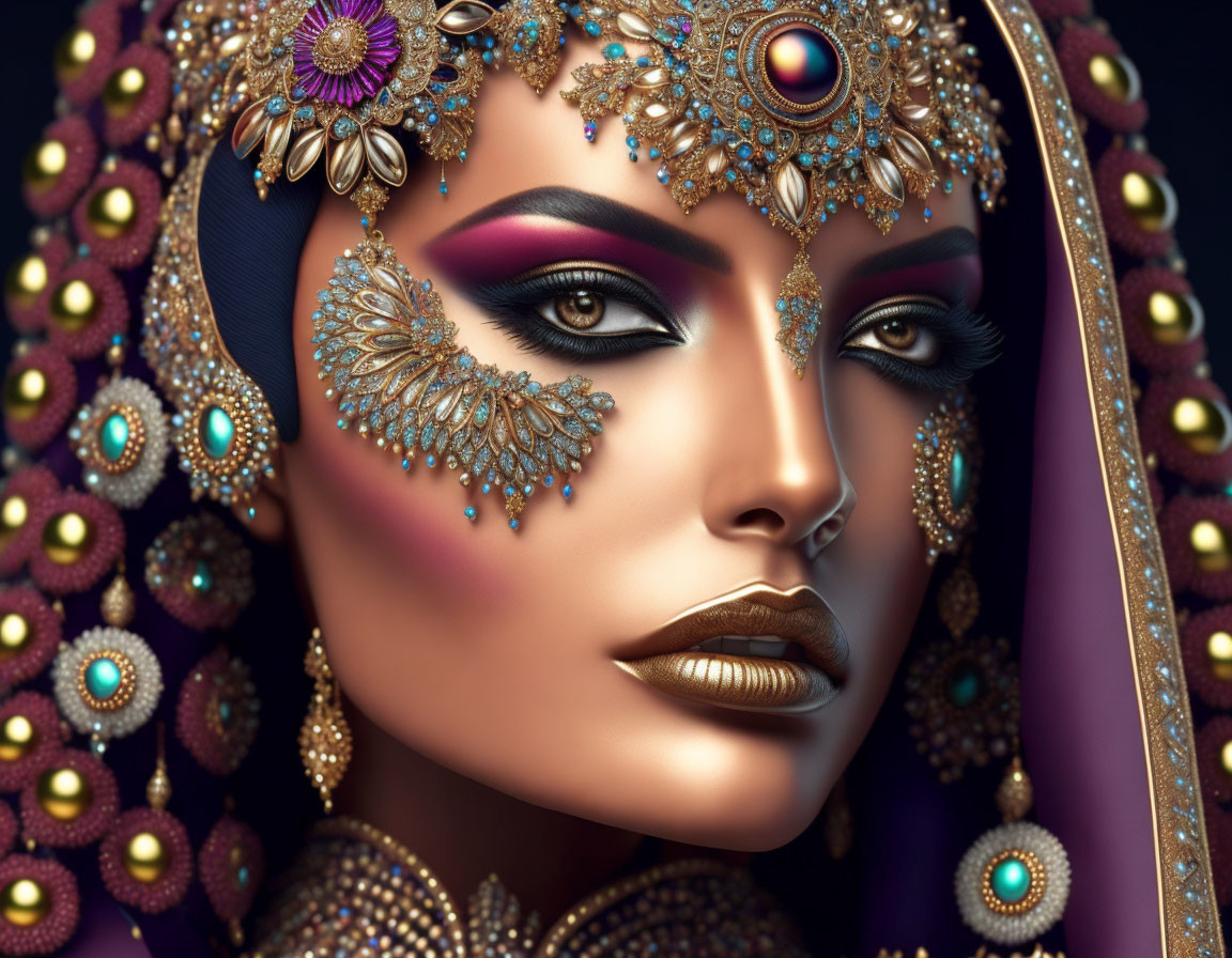 Detailed digital artwork: Woman with ornate golden headgear and vibrant makeup