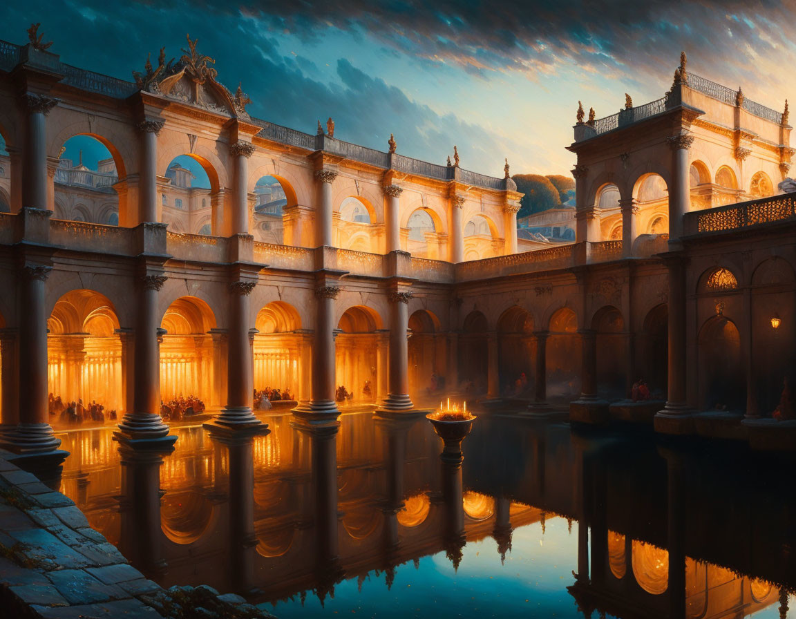 Classical building with illuminated arches reflected in water at twilight