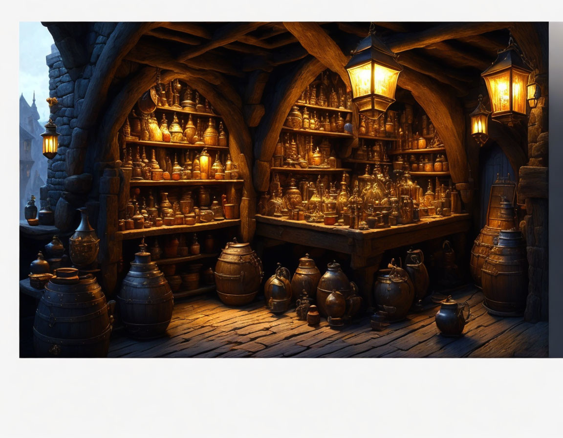 Medieval tavern interior with wooden beams, lanterns, bottles, and barrels