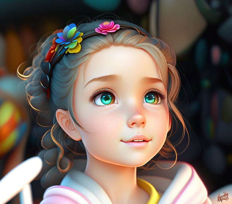 Young girl digital artwork: braided hair, green eyes, colorful accessories, warm lighting.