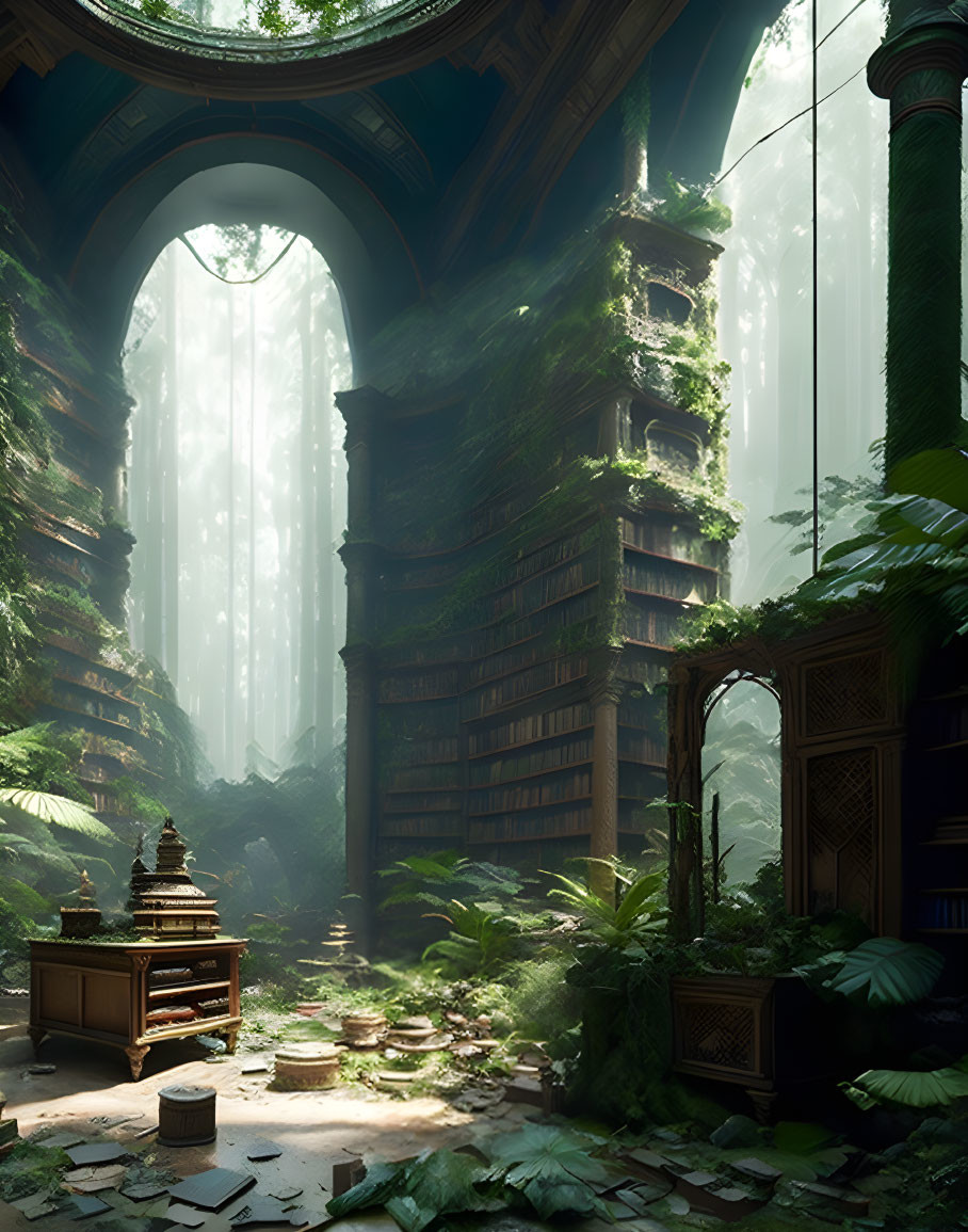 Abandoned library in lush forest with overgrown books