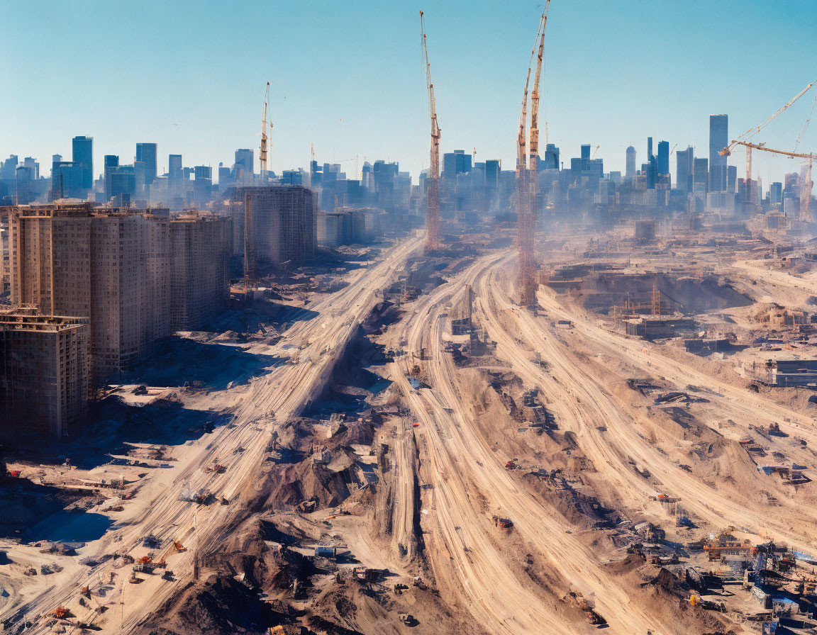 City skyline with cranes on construction site & excavated ground