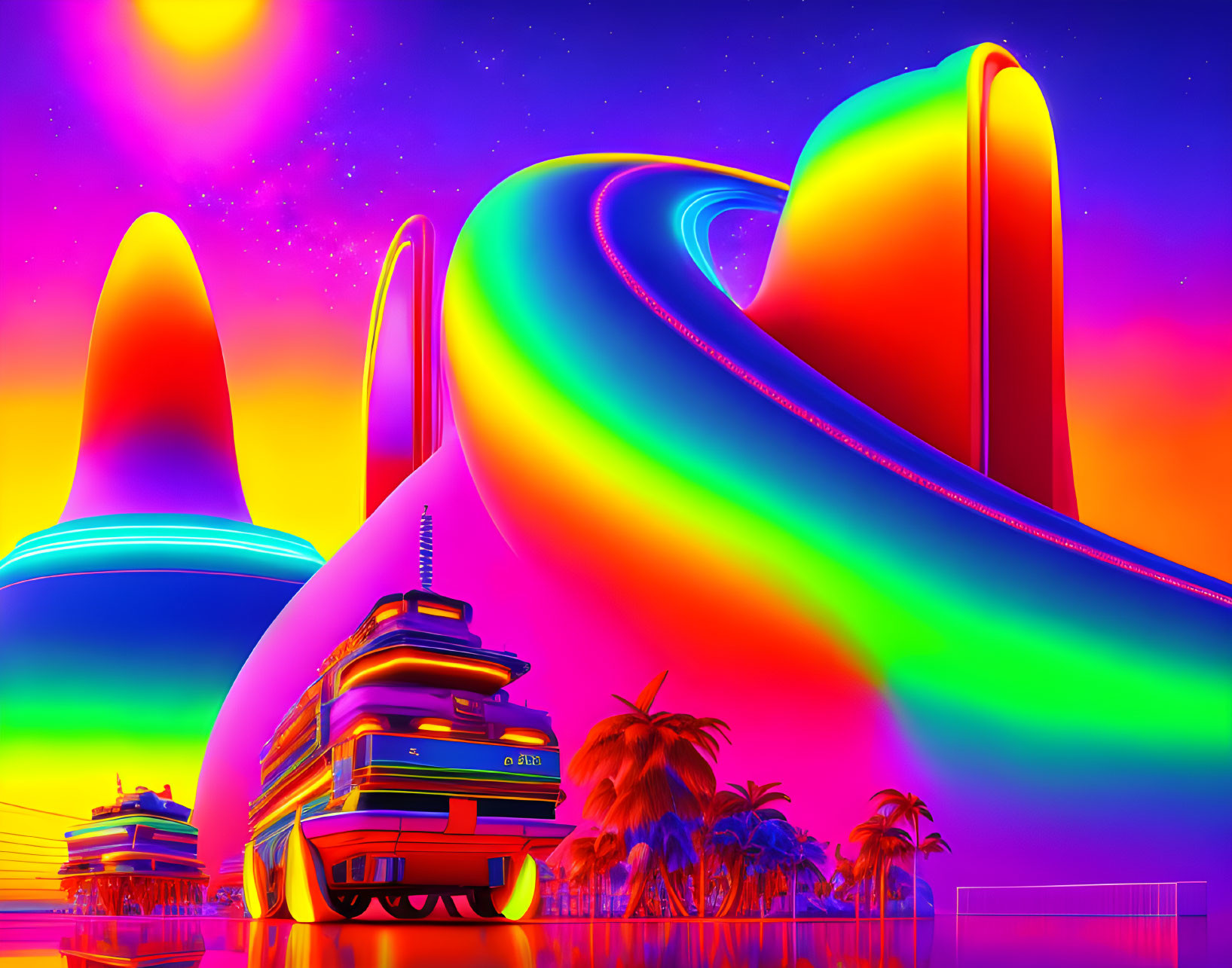 Colorful retro-futuristic cityscape with neon lights, palm trees, curvy buildings, and