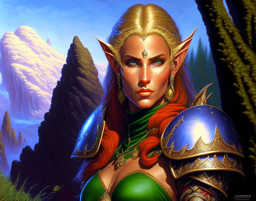 Female elf digital art: Pointed ears, elaborate armor, mystical forest.