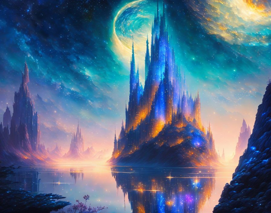 Fantastical landscape with glowing spire-like structures under starry sky