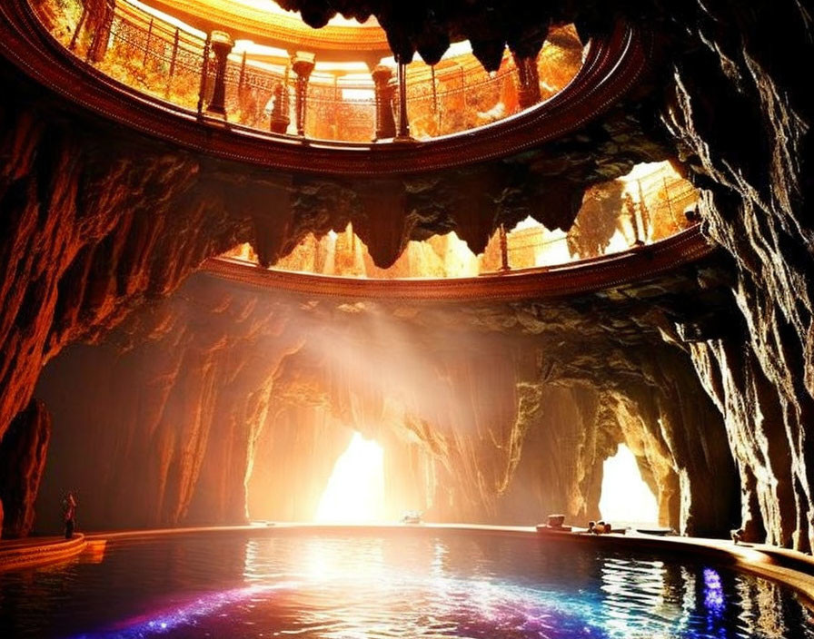 Subterranean lake under ornate cave balcony with sunlight rays.