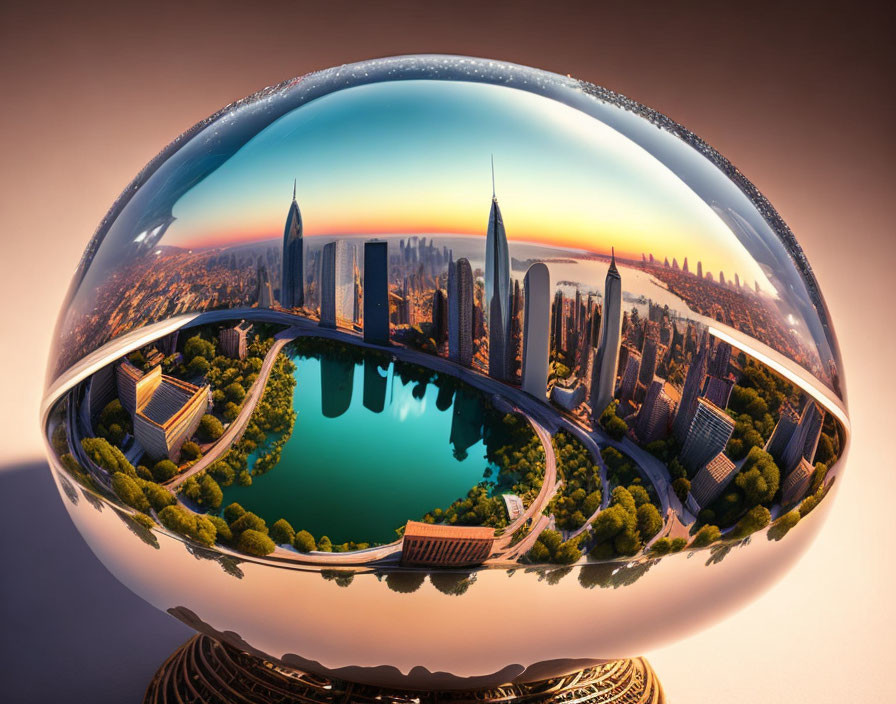 Spherical Panoramic Cityscape with Skyscrapers and Lake at Dusk