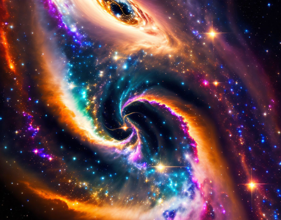 Colorful cosmic scene with swirling gases and black hole in center