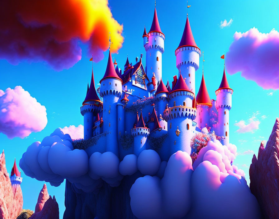 Fantasy castle with spires on clouds in vivid sky