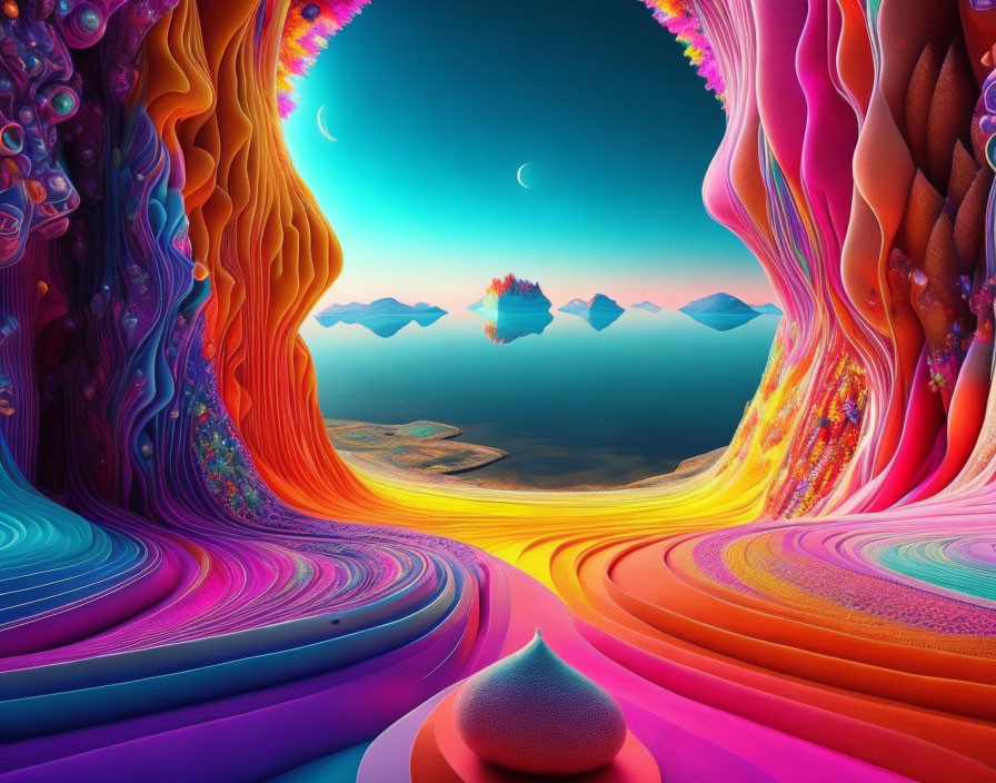 Colorful Psychedelic Landscape with Rainbow Terrain and Multiple Moons