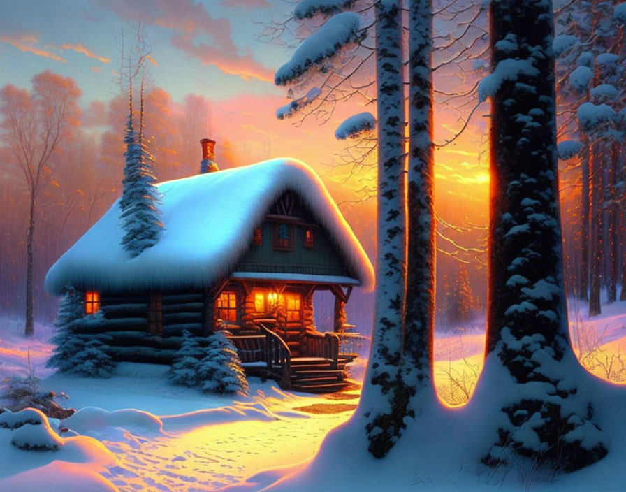 Snowy forest sunset scene: Cozy log cabin with lit chimney