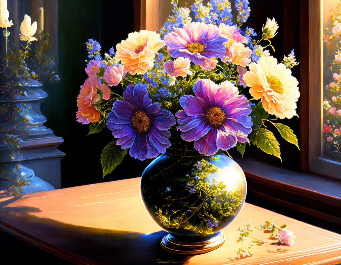 Colorful Flower Bouquet in Blue Vase on Wooden Surface with Sunlight