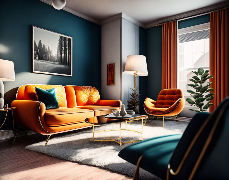 Teal Walls, Orange Mid-Century Furniture, Large Window in Stylish Living Room