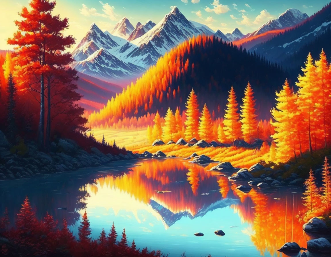 Scenic Autumn Landscape with Fiery Trees and Mountain Lake