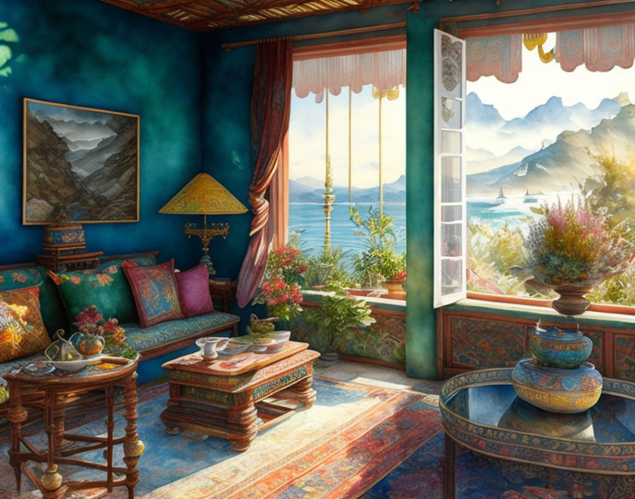 Room with Sea View, Ornate Furniture, Colorful Cushions, Paintings & Flowery Window