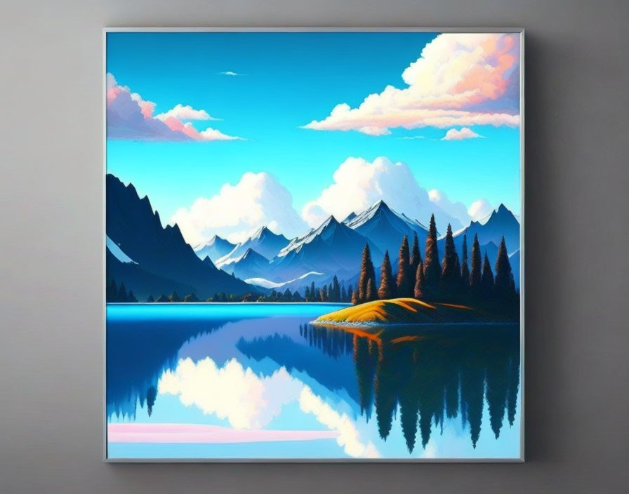 Tranquil mountain landscape with lake, clouds, trees, and blue sky on white wall