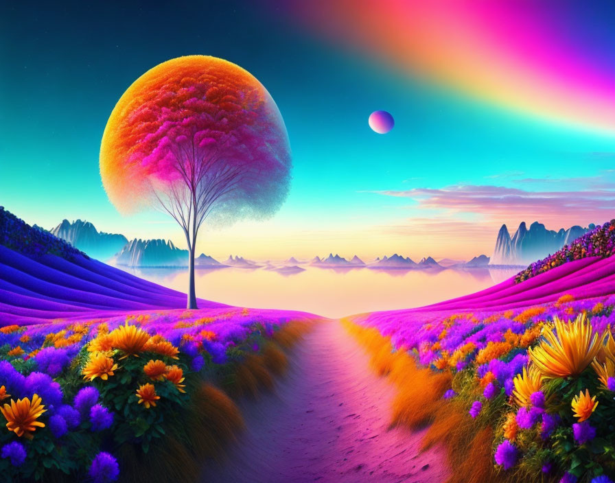 Colorful surreal landscape: lone tree, red leaves, purple hills, flowers