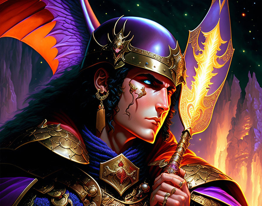 Fantasy warrior with elven features in ornate armor and winged helmet, wielding glowing spear in