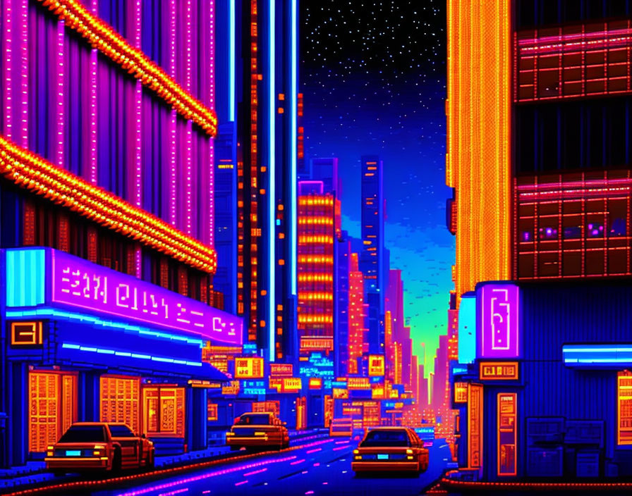 Colorful pixel art cityscape: neon signs, skyscrapers, starry sky, parked cars