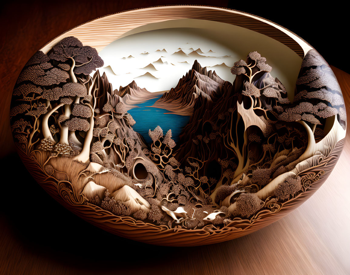 Circular Frame Wooden Sculpture: Landscape with Mountains, Trees, and Water