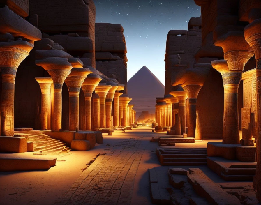 Ancient Egyptian columns frame twilight pathway to distant pyramid