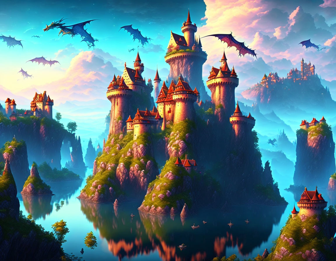 Fantasy landscape with multiple castles, dragons, and serene lake