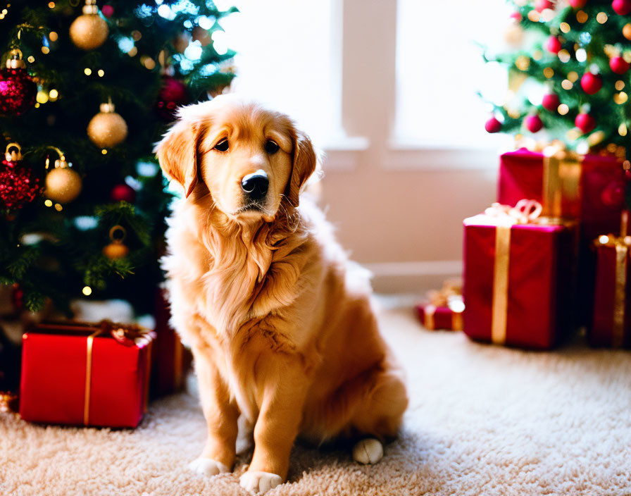 Golden Retriever with Wrapped Gifts and Christmas Tree