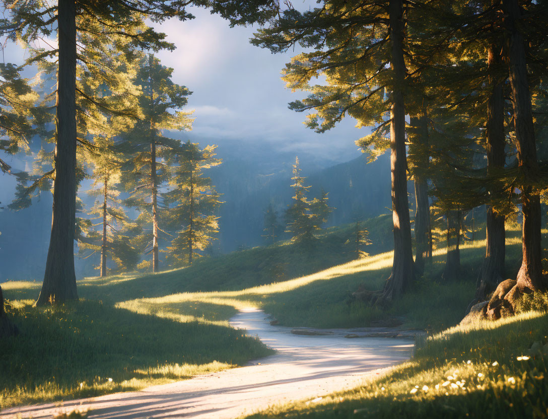 Forest path illuminated by sunlight with mountains in the background