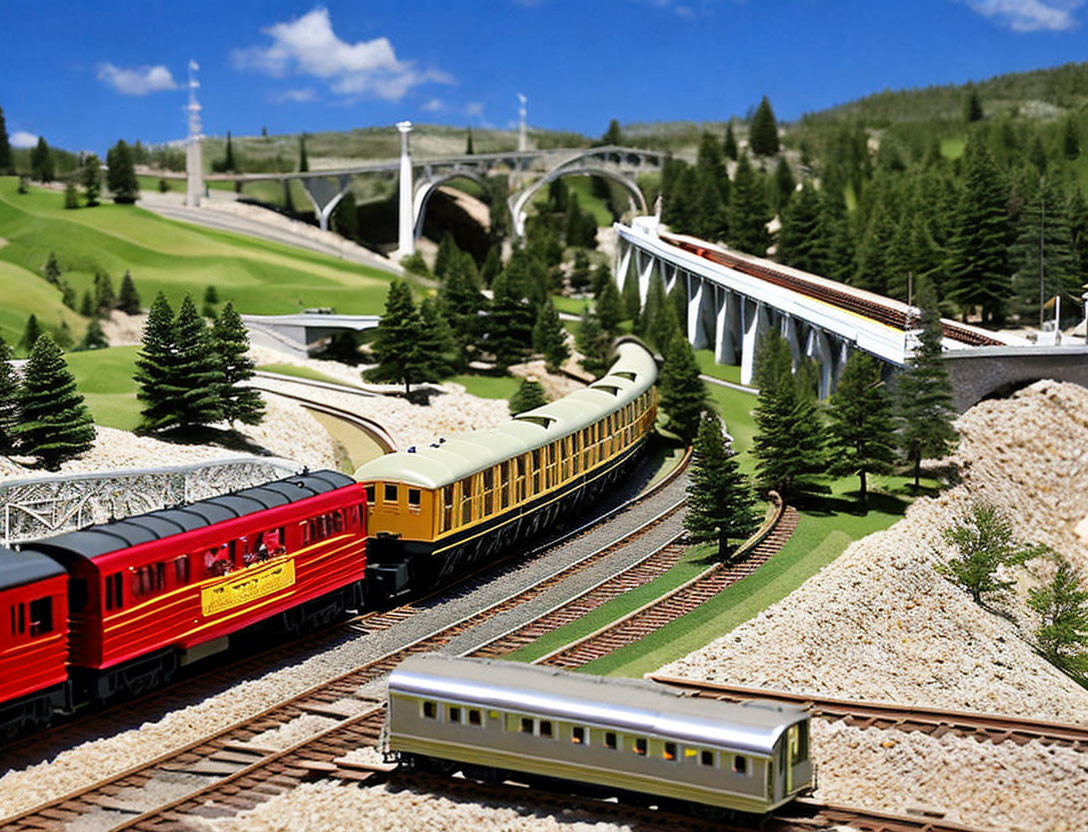 Detailed miniature landscape with bridges, trees, and grassy hills