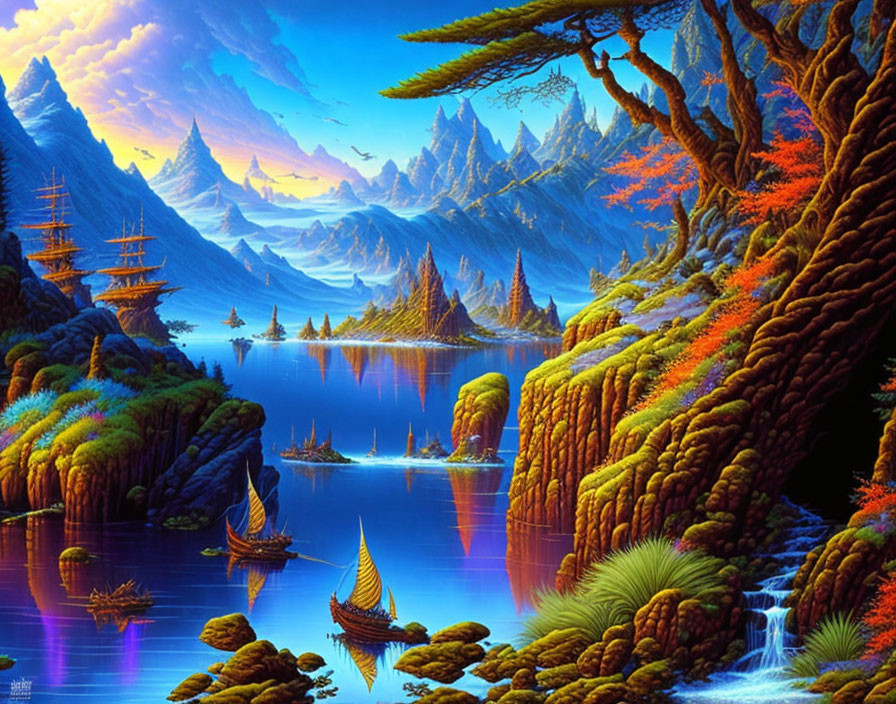 Colorful fantasy landscape with blue mountains, serene lake, Asian structures, and boats