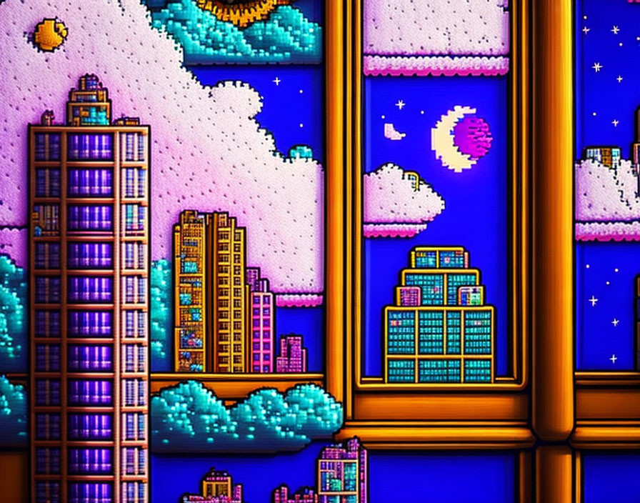 Colorful Pixel Art Cityscape with Skyscrapers, Sunset, and Purple Sky