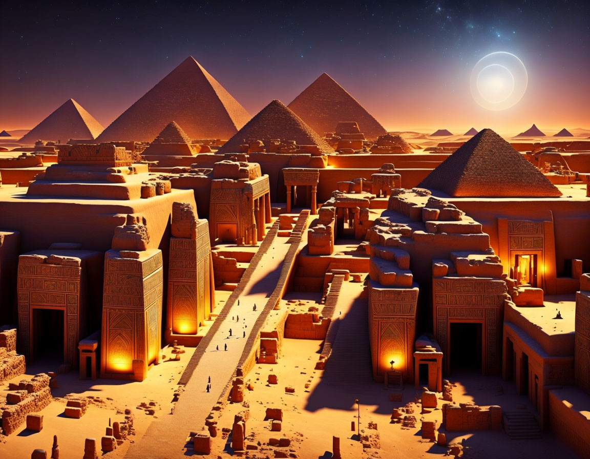 Ancient Egyptian pyramids under a starry sky with a full moon