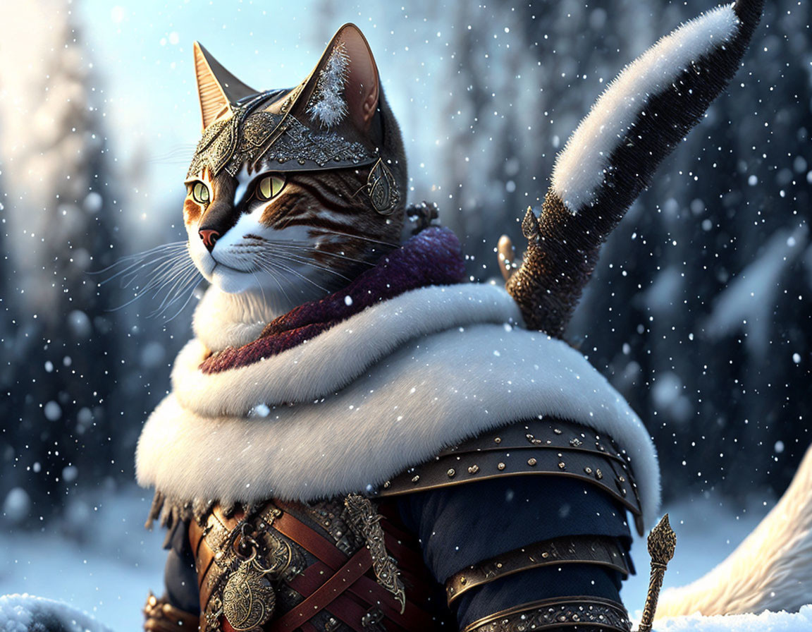 Digital artwork of cat warrior in armor with sword in snowy landscape