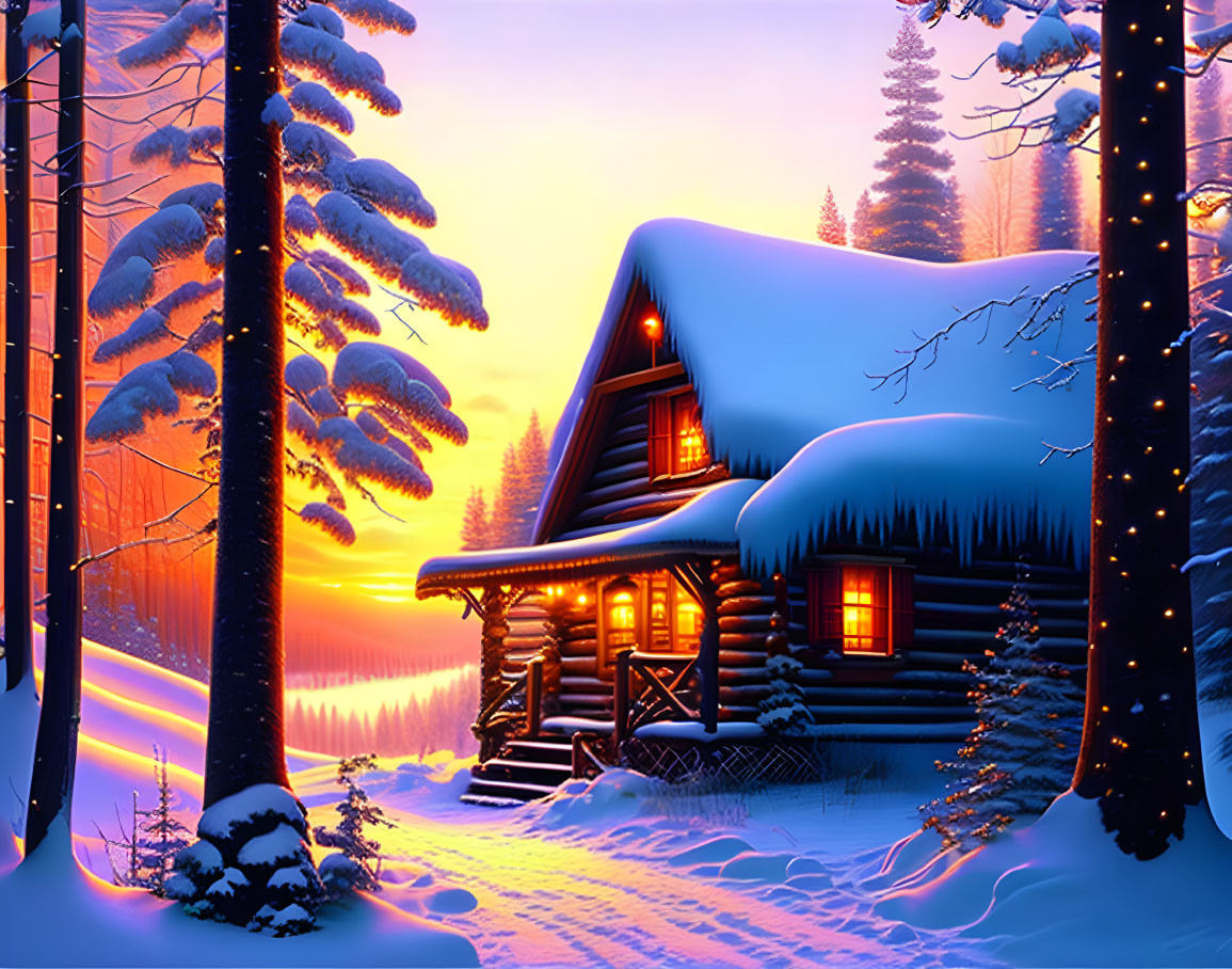 Winter sunset scene: Cozy log cabin in snowy forest