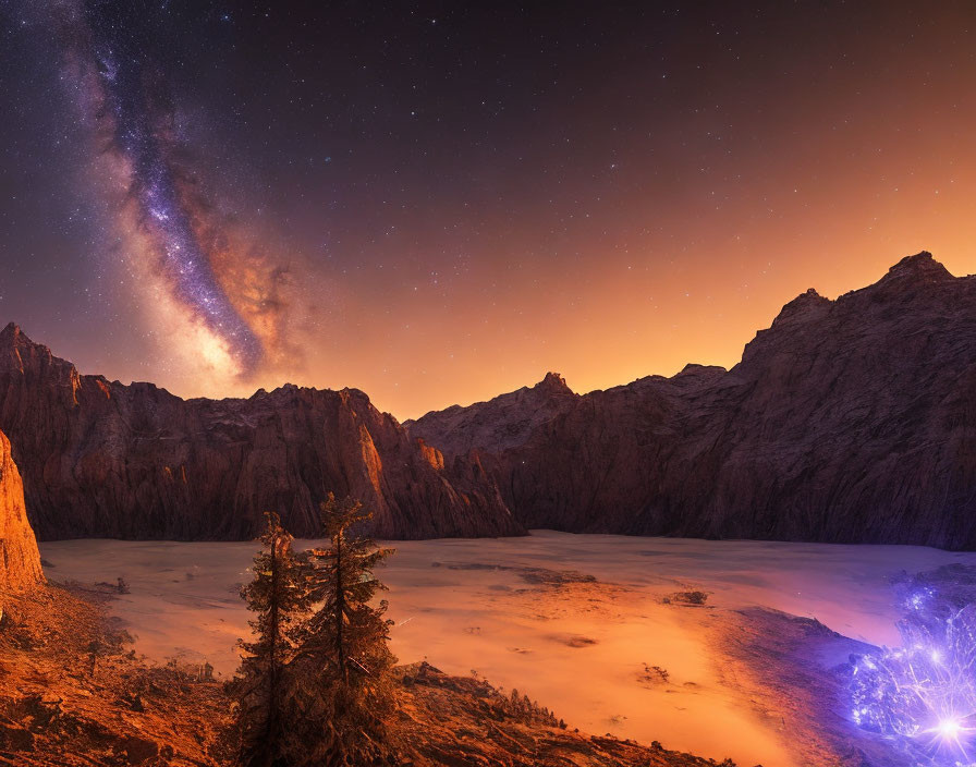 Night landscape with Milky Way galaxy over misty mountains & glowing lights