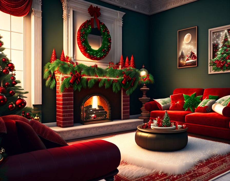 Festive Christmas living room with decorated tree and fireplace