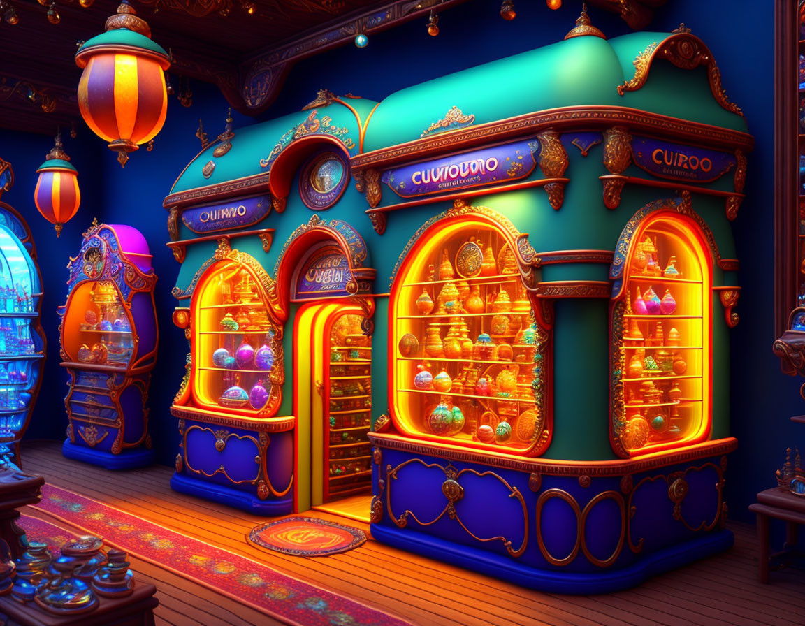 Fantasy interior with golden vending machines and magical lighting