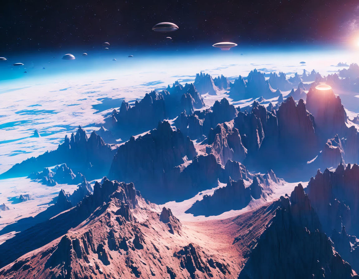 Alien landscape with jagged mountains, bright sun, and UFOs