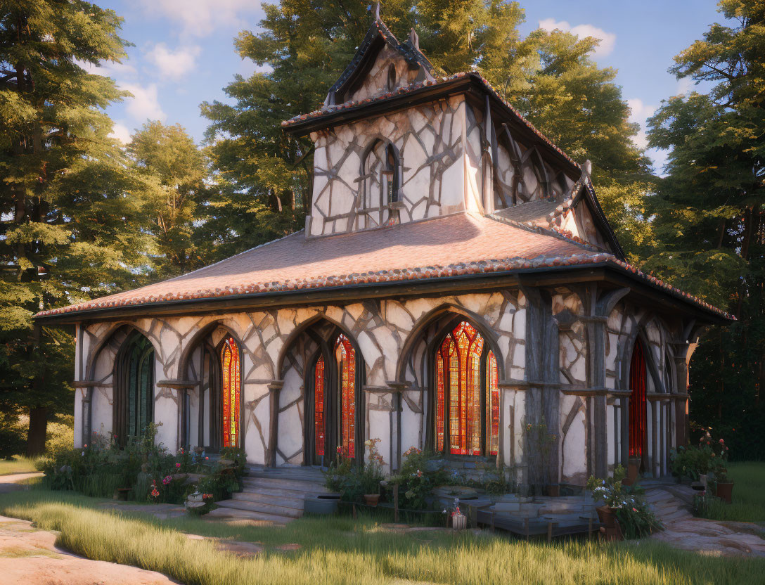 Old church with stained glass & woodwork in serene forest clearing