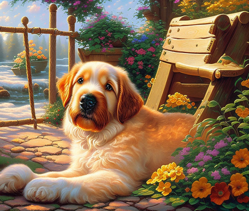 Golden Retriever Resting Near Wooden Bench Surrounded by Flowers, River, and Foliage