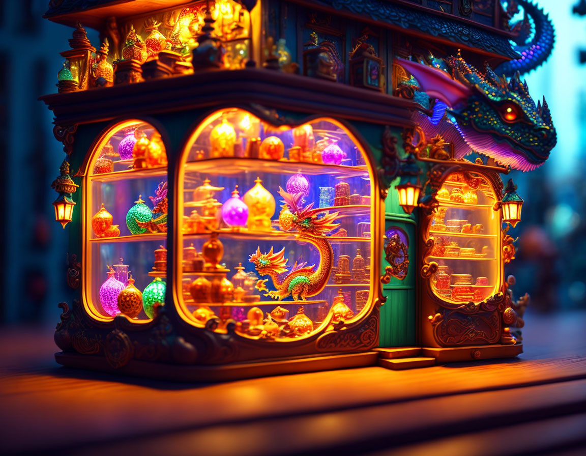 Colorful Glass Bottle Display on Ornate Illuminated Cart with Dragon Figure at Twilight