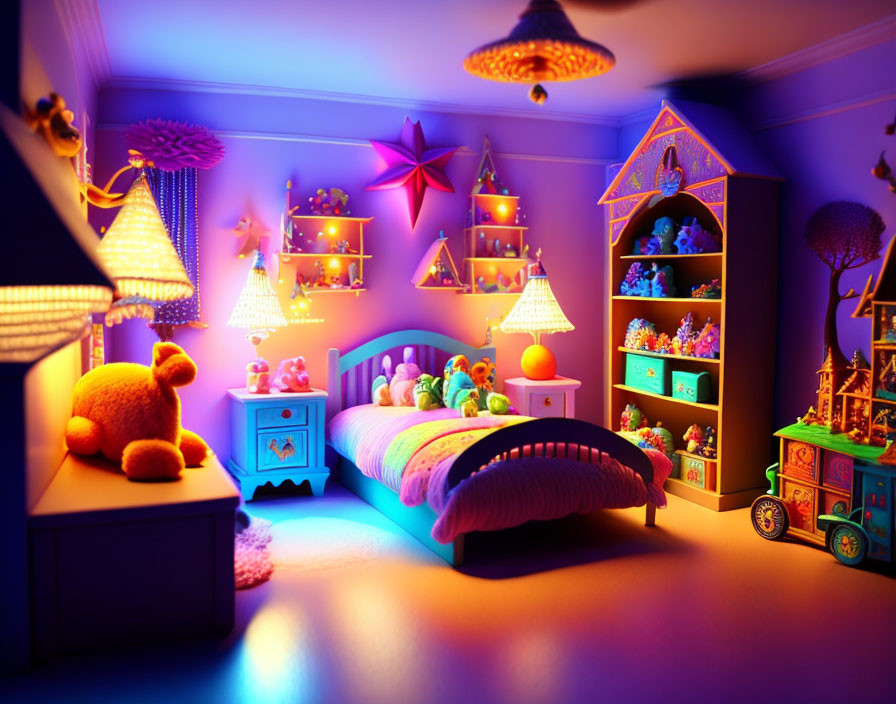 Colorful Children's Bedroom with Stuffed Toys & Decorative Shelves