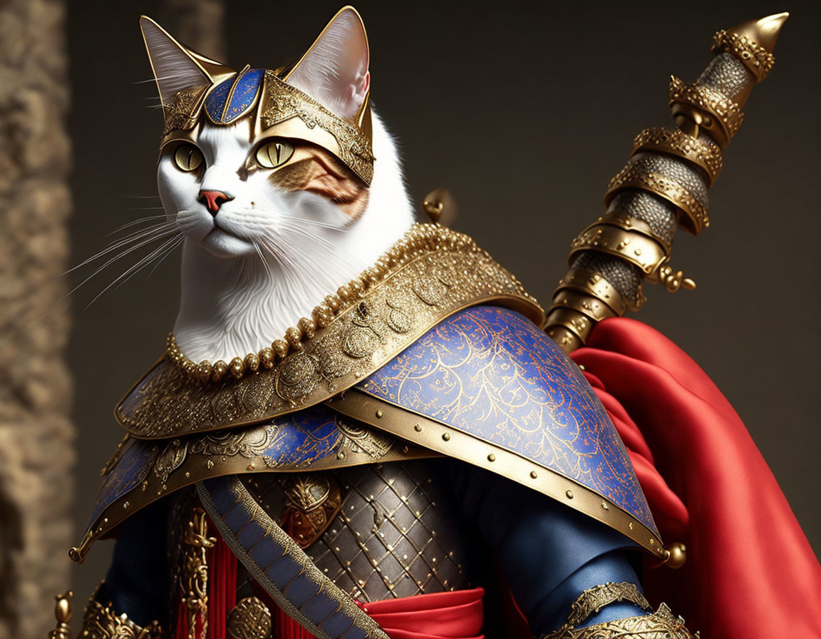 Stoic cat in medieval armor with spear and crown