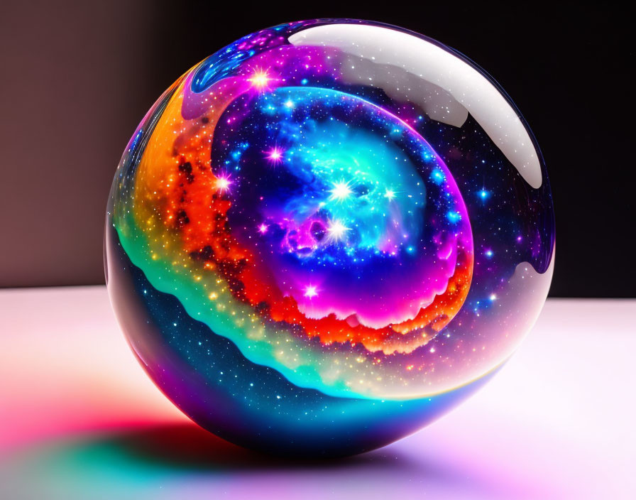 Colorful cosmic glass sphere with swirling nebulas and stars on reflective surface