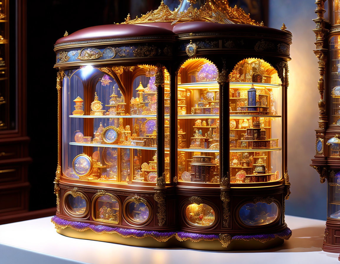 Intricate Gold Artifacts and Timepieces in Ornate Antique Cabinet