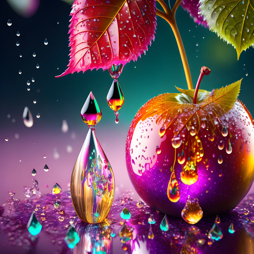 Colorful digitally altered apple with water droplets and leaves in vibrant image